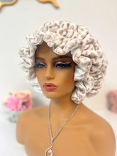 Load image into Gallery viewer, Tan Leopard Ruffles plush bonnet adjustable
