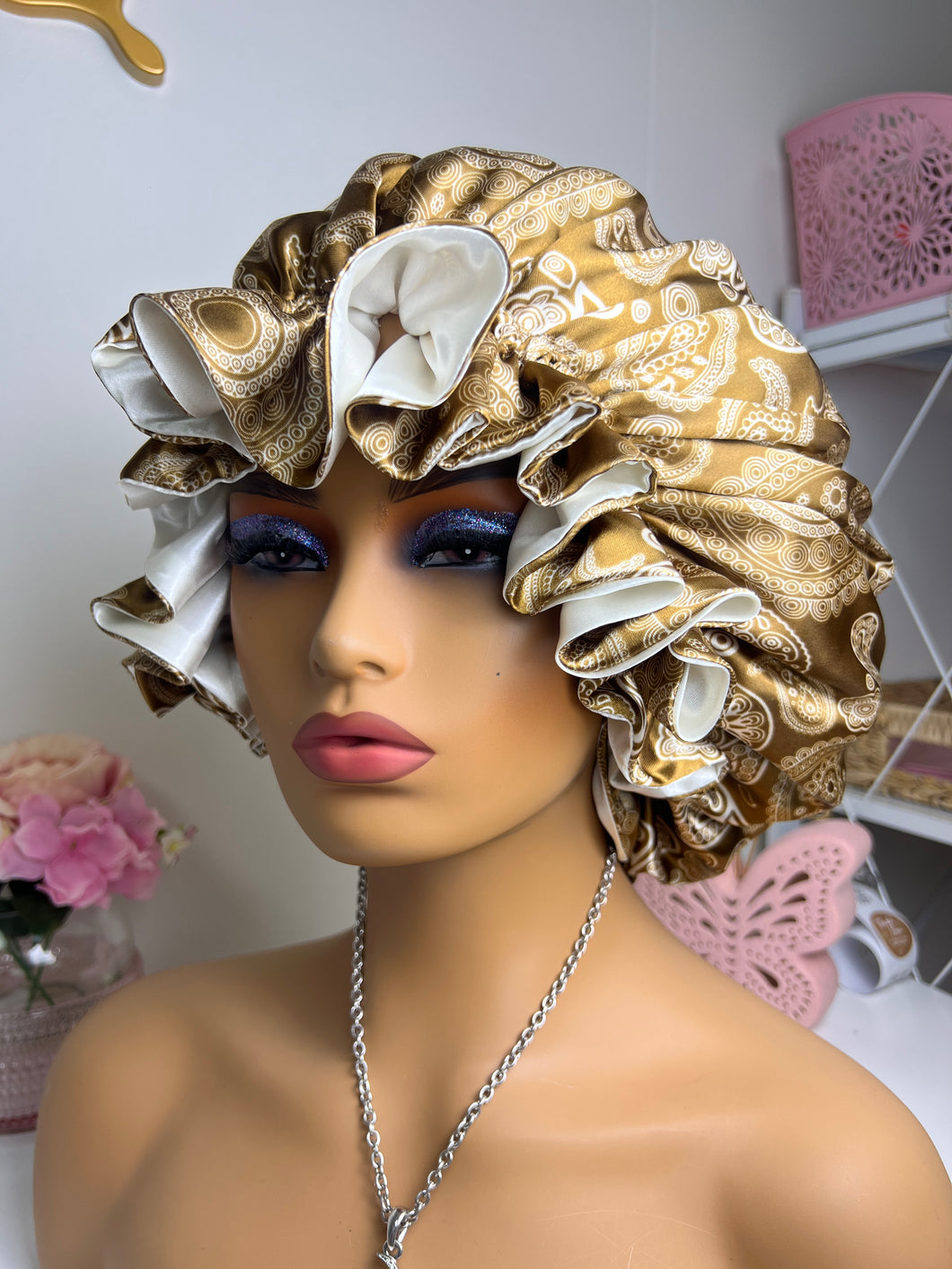 Goldish-Brown Paisley Ruffle Satin Bonnet