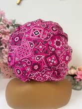 Load image into Gallery viewer, Hot Pink Bandanna Paisley Adjustable Cotton Satin Lined Bonnet
