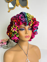 Load image into Gallery viewer, Rainbow, leopard ruffles plush bonnet adjustable
