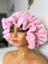 Load image into Gallery viewer, Bubblegum Pink ruffles plush bonnet adjustable
