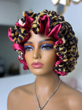 Load image into Gallery viewer, Brown Leopard ruffles plush bonnet adjustable
