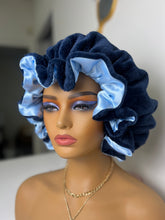 Load image into Gallery viewer, Navy blue ruffles plush bonnet adjustable

