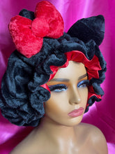 Load image into Gallery viewer, Black Cat Ears 3d XL Adjustable Plush Bonnet
