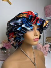 Load image into Gallery viewer, Black Flowers Ruffle Satin Bonnet
