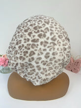 Load image into Gallery viewer, Tan Leopard Ruffles plush bonnet adjustable
