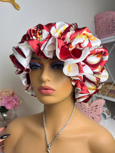Load image into Gallery viewer, Deep Red &amp; Ivory Ruffle Satin Bonnet
