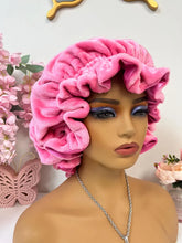 Load image into Gallery viewer, Bubblegum Pink ruffles plush bonnet adjustable
