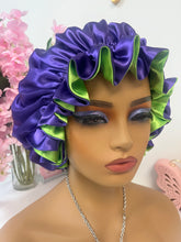 Load image into Gallery viewer, Purple &amp; Lime Reversible Adjustable XL Satin Bonnet

