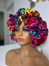 Load image into Gallery viewer, Rainbow, leopard ruffles plush bonnet adjustable
