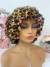 Load image into Gallery viewer, Brown Leopard ruffles plush bonnet adjustable
