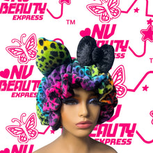 Load image into Gallery viewer, Pre-Order Rainbow leopard animal print 3d plush bonnet w/ black satin
