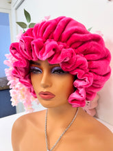 Load image into Gallery viewer, Hot Pink Ruffles plush bonnet adjustable
