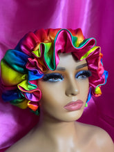 Load image into Gallery viewer, Rainbow Satin scrunchie adjustable bonnet
