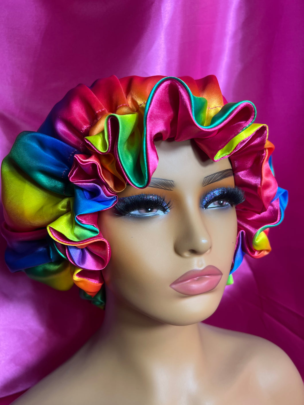 NEW!!! Rainbow Satin scrunchie adjustable bonnet