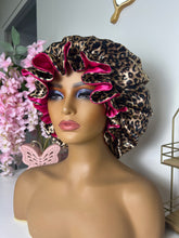 Load image into Gallery viewer, Choco XL Leopard Satin Adjustable Ruffle Bonnet
