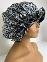 Load image into Gallery viewer, Silver Leopard Adjustable XL Satin Bonnet - Black Satin
